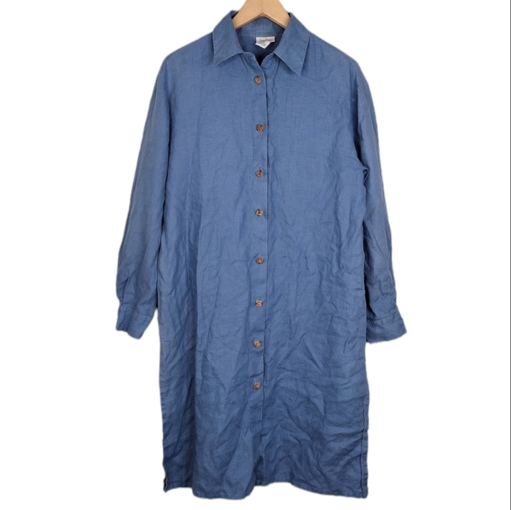 Neiman Marcus Women's 100% Linen Bottom Down Long Sleeve Midi Dress